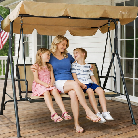 Kozyard 3-Person Patio Swing Chair with UV-Protective Scalloped Canopy, Sturdy Steel Construction, Weather-Resistant Mesh Fabric Cushions, Outdoor Swing Bench for Porch, Yard

