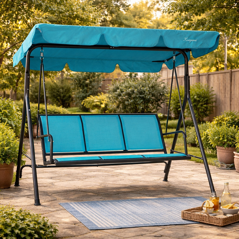 Kozyard 3-Person Outdoor Canopy Porch Swing Chair, Breathable Textilene Armrest Seat, Adjustable Shade, Heavy-Duty Powder-Coated Steel Frame Swing for Patio, Backyard, Poolside & Balcony