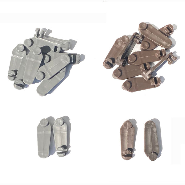 Gray and Brown Plastic Hooks for gazebo curtain and netting  – Durable Fence or Gate Accessories.A collection of gray and brown plastic hooks displayed in pairs and bulk, ideal for fencing, gates, and other hardware applications. Durable, weather-resistant design.