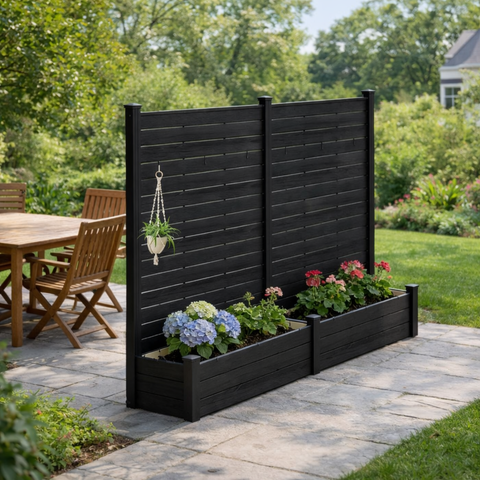 Kozyard Outdoor Privacy Fence Planter – Vertical Garden Design with Detachable Hooks & Built-In Planter Box, Constructed from Durable Wood-Plastic Panels & Aluminum Posts – Stylish Outdoor Decor for Patios/Yards.
