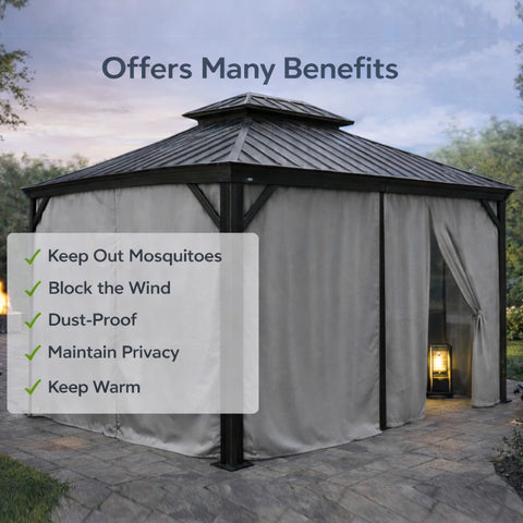 Kozyard gazebo curtain multi-benefits: Light beige gazebo curtain (durable fabric) – offers mosquito protection, wind blocking, dust resistance, privacy & warmth for comfortable outdoor gazebo use.
