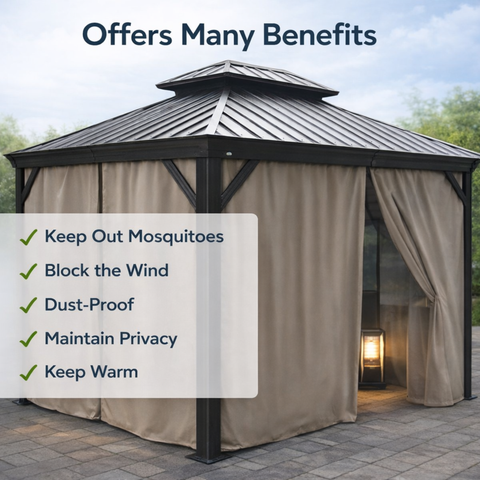 Kozyard gazebo curtain benefits: Multi-functional beige gazebo curtain (sturdy fabric) – repels mosquitoes, blocks wind, resists dust, ensures privacy & retains warmth for cozy patio/gazebo spaces.
