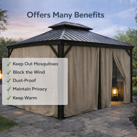 Kozyard gazebo curtain benefits: Multi-functional beige gazebo curtain (sturdy fabric) – repels mosquitoes, blocks wind, resists dust, ensures privacy & retains warmth for cozy patio/gazebo spaces.
