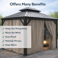 Kozyard gazebo curtain benefits: Multi-functional beige gazebo curtain (sturdy fabric) – repels mosquitoes, blocks wind, resists dust, ensures privacy & retains warmth for cozy patio/gazebo spaces.
