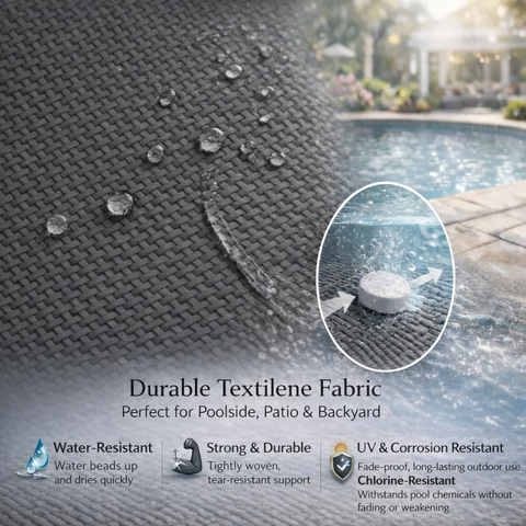 Kozyard durable Textilene outdoor fabric: water-resistant (beads & dries quickly), strong tear-resistant, UV/corrosion/chlorine-resistant. Tightly-woven material ideal for poolside, patio & backyard outdoor seating applications.

