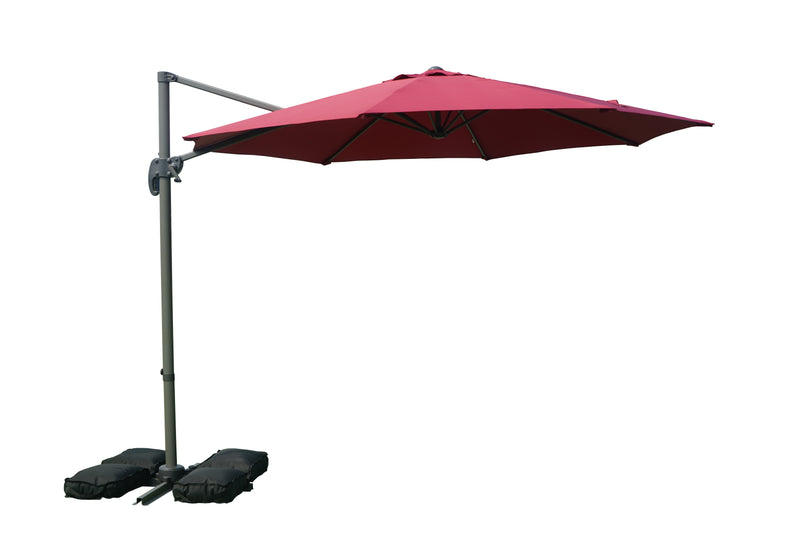 Outdoor Offset Patio Umbrella
A vibrant red offset patio umbrella with a gray pole, supported by black base weights, providing shade for outdoor spaces. Keywords: outdoor offset umbrella, patio umbrella, shade