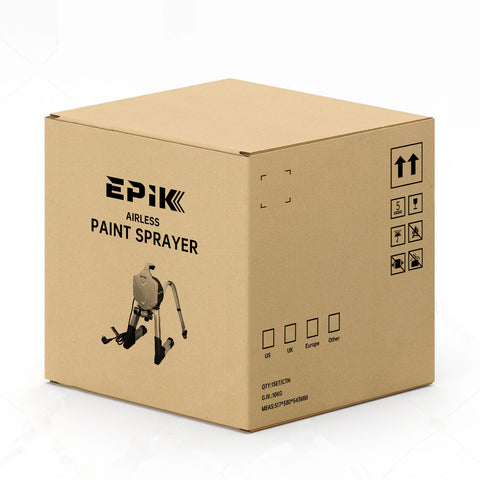 EPIK Airless Paint Sprayer Packaging Box. EPIK airless paint sprayer packaging box with product image and specifications, ready for shipping. EPIK paint sprayer box, airless paint sprayer packaging, paint sprayer shipping, DIY painting equipment, professional paint tool.

