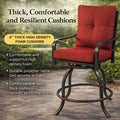Kozyard outdoor swivel patio chair featuring thick, comfortable and resilient 4-inch cushions. Crafted with durable polyester fabric securely tied to the sturdy metal frame, designed for long-lasting outdoor seating comfort.
