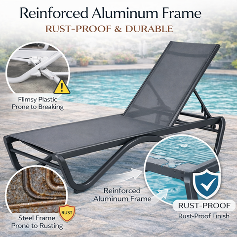 Kozyard outdoor lounge chair reinforced aluminum frame: rust-proof, durable outdoor furniture frame. Outperforms flimsy breakable plastic & rust-prone steel, featuring a long-lasting rust-proof finish for reliable outdoor use.
