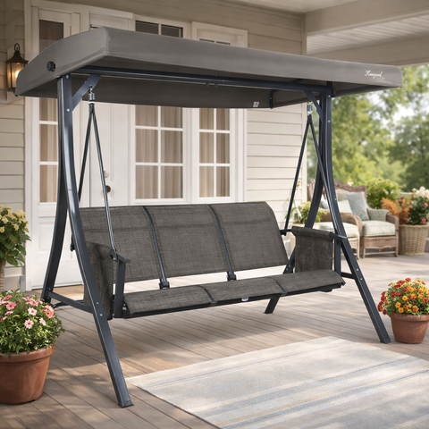 Kozyard 3-Seat Patio Swing with Adjustable Sun Canopy, Heavy-Duty Steel Stand, Weatherproof Fabric Cushions, Outdoor Porch Swing for Relaxing in Garden, Backyard