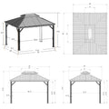 Technical drawings of a 10' x 12' outdoor gazebo, showing different views including an isometric view, top view, and side views. The drawings are labeled with precise dimensions, such as the height of the columns (6.5' and 9.6'), and various lengths across the base and roof structure (ranging from 8.3' to 12').10' x 12' Outdoor Gazebo: Detailed Technical Drawings. outdoor gazebo, 10x12 gazebo, technical drawings, gazebo dimensions, structural views.