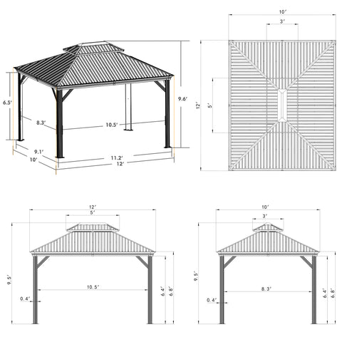 Technical drawings of a 10' x 12' outdoor gazebo, showing different views including an isometric view, top view, and side views. The drawings are labeled with precise dimensions, such as the height of the columns (6.5' and 9.6'), and various lengths across the base and roof structure (ranging from 8.3' to 12').10' x 12' Outdoor Gazebo: Detailed Technical Drawings. outdoor gazebo, 10x12 gazebo, technical drawings, gazebo dimensions, structural views.