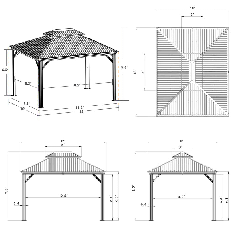 Technical drawings of a 10' x 12' outdoor gazebo, showing different views including an isometric view, top view, and side views. The drawings are labeled with precise dimensions, such as the height of the columns (6.5' and 9.6'), and various lengths across the base and roof structure (ranging from 8.3' to 12').10' x 12' Outdoor Gazebo: Detailed Technical Drawings. outdoor gazebo, 10x12 gazebo, technical drawings, gazebo dimensions, structural views.