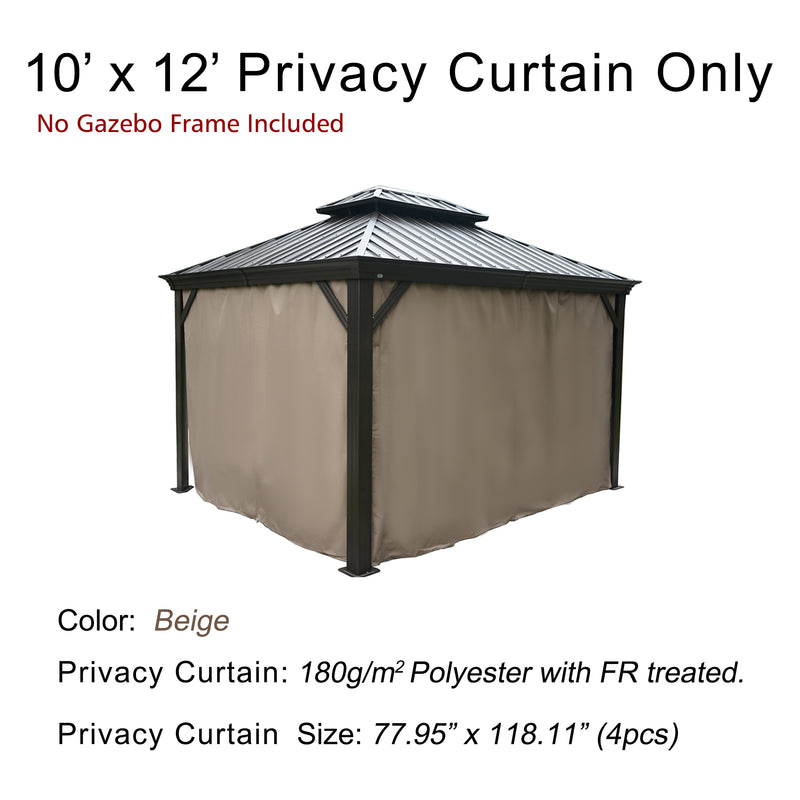 A double - top gazebo is shown with beige privacy curtains. The text specifies that this is a 10' x 12' privacy curtain set only, with no gazebo frame included. The curtains are made of 180g/m² polyester with fire - retardant treatment, and the set includes 4 pieces with dimensions 77.95" x 118.11".Double - Top Gazebo Privacy Curtains: Beige, Fire - Retardant. 10' x 12' Privacy Curtains for Double - Top Gazebo (Frame Not Included). double - top gazebo curtains, privacy curtains fire - retardant polyester.