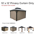 An image displays a double - top gazebo with beige privacy curtains, labeled as "10' x 12' Privacy Curtain Only" with no gazebo frame included. Below, there are four smaller images of different double - top gazebo models (Rosana, Alexander, Caesar, Apollo) in 10'x12' size, indicating that the privacy curtain is matched to these models. 10' x 12' Privacy Curtains for Double - Top Gazebos (Frame Not Included).Double - Top Gazebo Privacy Curtains: Compatible with Multiple Models. double - top gazebo, 10x12inch