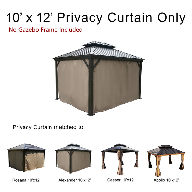 An image displays a double - top gazebo with beige privacy curtains, labeled as "10' x 12' Privacy Curtain Only" with no gazebo frame included. Below, there are four smaller images of different double - top gazebo models (Rosana, Alexander, Caesar, Apollo) in 10'x12' size, indicating that the privacy curtain is matched to these models. 10' x 12' Privacy Curtains for Double - Top Gazebos (Frame Not Included).Double - Top Gazebo Privacy Curtains: Compatible with Multiple Models. double - top gazebo, 10x12inch