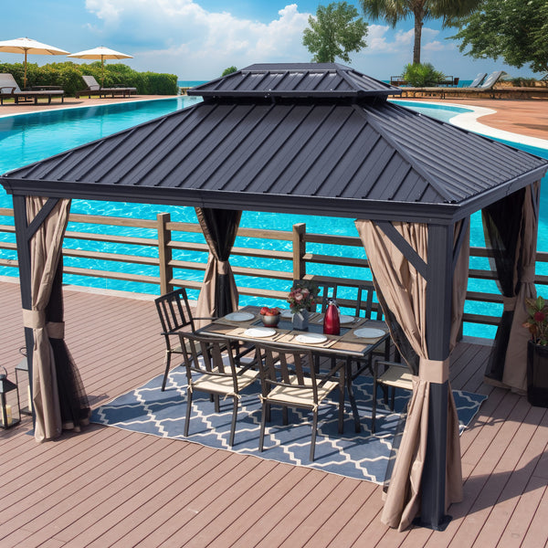 A dark - colored metal gazebo with a sleek, angular roof stands on a wooden deck by a swimming pool. The gazebo features beige curtains tied back, and underneath it is an outdoor dining setup with a metal table, chairs with light - colored cushions, a decorative rug, and table settings that include plates, a vase with flowers, and a red bottle. Palm trees and lounge chairs are visible in the background, enhancing the resort - like atmosphere. Elegant Outdoor Gazebo by the Pool. outdoor gazebo, metal gazebo,