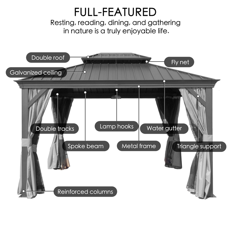 Kozyard Alexander 10' X 12' Hardtop Gazebo, Aluminum Metal Gazebo with Galvanized Steel Double Roof Canopy, Curtain and Netting, Permanent Gazebo Pavilion for Patio, Backyard, Deck, Lawn (Gray)