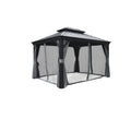 An outdoor gazebo with a dark - hued metal roof is equipped with a mosquito netting system. Gray - colored curtains are tied back around the netting, creating a cozy and insect - free outdoor space. Outdoor Gazebo with Mosquito Netting: A Bug - Free Retreat. outdoor gazebo, mosquito netting, gray curtains, bug - free, outdoor retreat. 