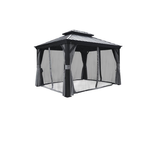 An outdoor gazebo with a dark - hued metal roof is equipped with a mosquito netting system. Gray - colored curtains are tied back around the netting, creating a cozy and insect - free outdoor space. Outdoor Gazebo with Mosquito Netting: A Bug - Free Retreat. outdoor gazebo, mosquito netting, gray curtains, bug - free, outdoor retreat. 