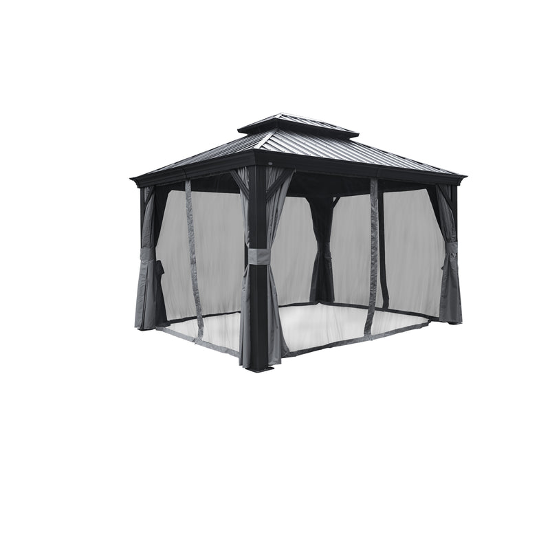 An outdoor gazebo with a dark - hued metal roof is equipped with a mosquito netting system. Gray - colored curtains are tied back around the netting, creating a cozy and insect - free outdoor space. Outdoor Gazebo with Mosquito Netting: A Bug - Free Retreat. outdoor gazebo, mosquito netting, gray curtains, bug - free, outdoor retreat. 