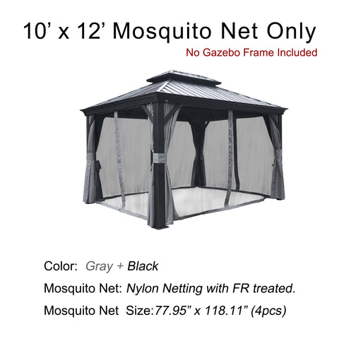 A 10' x 12' mosquito net designed for an outdoor gazebo, displayed on a sample gazebo structure (frame not included). The netting is in shades of gray and black. The text specifies that the mosquito net is made of nylon with fire - retardant (FR) treatment, and each of the four net panels measures 77.95" x 118.11". 10' x 12' Fire - Retardant Nylon Mosquito Net for Outdoor Gazebo. outdoor gazebo, 10x12 mosquito net, gray and black netting, nylon, fire - retardant treatment.