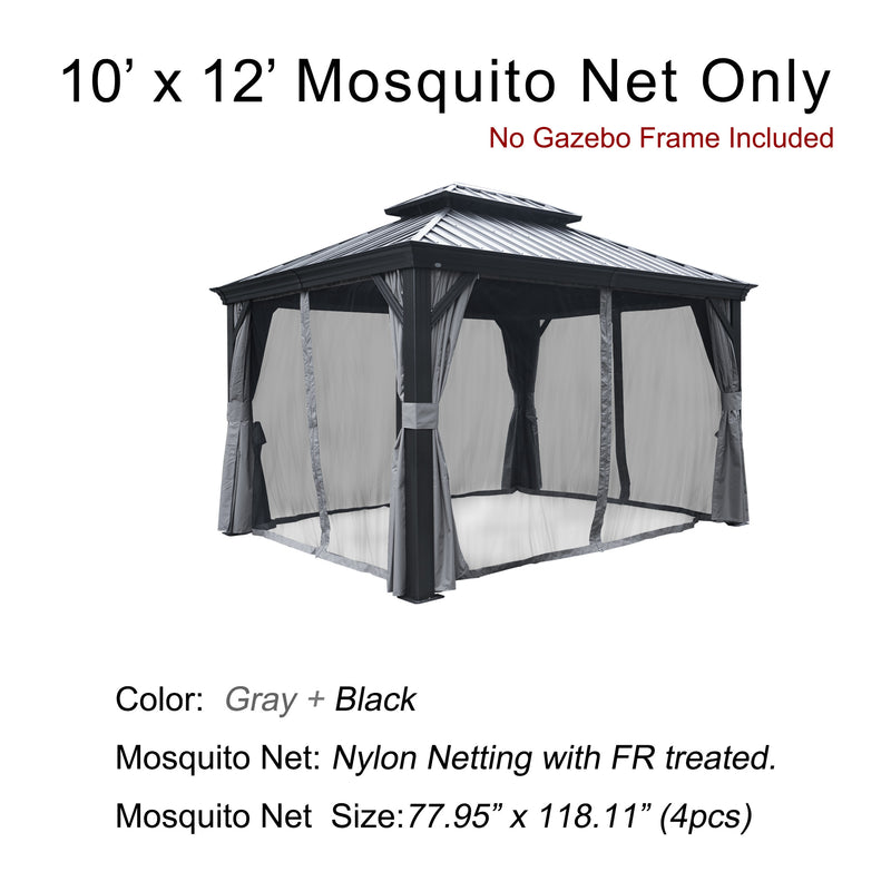 A 10' x 12' mosquito net designed for an outdoor gazebo, displayed on a sample gazebo structure (frame not included). The netting is in shades of gray and black. The text specifies that the mosquito net is made of nylon with fire - retardant (FR) treatment, and each of the four net panels measures 77.95" x 118.11". 10' x 12' Fire - Retardant Nylon Mosquito Net for Outdoor Gazebo. outdoor gazebo, 10x12 mosquito net, gray and black netting, nylon, fire - retardant treatment.