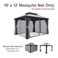 A 10' x 12' mosquito net for outdoor gazebos is shown, with the text "No Gazebo Frame Included." The netting is attached to a dark - colored gazebo frame, featuring tied - back curtains. Below the main image, it's noted that the mosquito net is compatible with Alexander GRAY 10'x12' and Caesar GRAY 10'x12' gazebo models, with small images of these gazebos displayed. 10' x 12' Mosquito Net for Outdoor Gazebos: Gray - Toned Compatibility. outdoor gazebo, 10x12 mosquito net, gray - toned, Alexander gazebo,