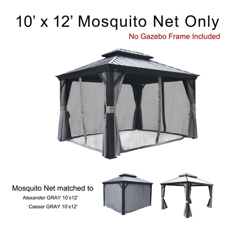 A 10' x 12' mosquito net for outdoor gazebos is shown, with the text "No Gazebo Frame Included." The netting is attached to a dark - colored gazebo frame, featuring tied - back curtains. Below the main image, it's noted that the mosquito net is compatible with Alexander GRAY 10'x12' and Caesar GRAY 10'x12' gazebo models, with small images of these gazebos displayed. 10' x 12' Mosquito Net for Outdoor Gazebos: Gray - Toned Compatibility. outdoor gazebo, 10x12 mosquito net, gray - toned, Alexander gazebo,
