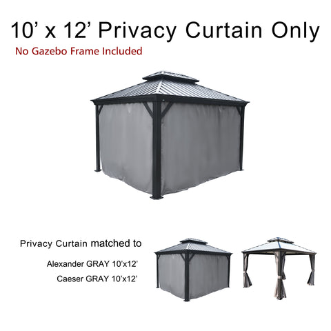An image displays a double - top gazebo with gray privacy curtains, labeled as "10' x 12' Privacy Curtain Only" with no gazebo frame included. Below, there are four smaller images of different double - top gazebo models (Rosana, Alexander, Caesar, Apollo) in 10'x12' size, indicating that the privacy curtain is matched to these models. 10' x 12' Privacy Curtains for Double - Top Gazebos (Frame Not Included).Double - Top Gazebo Privacy Curtains: Compatible with Multiple Models. double - top gazebo, 10x12inch