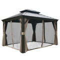 An outdoor gazebo with a dark - hued metal roof is equipped with a mosquito netting system. Beige - colored curtains are tied back around the netting, creating a cozy and insect - free outdoor space. Outdoor Gazebo with Mosquito Netting: A Bug - Free Retreat. outdoor gazebo, mosquito netting, beige curtains, bug - free, outdoor retreat. 