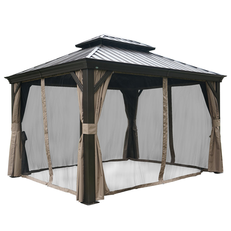 An outdoor gazebo with a dark - hued metal roof is equipped with a mosquito netting system. Beige - colored curtains are tied back around the netting, creating a cozy and insect - free outdoor space. Outdoor Gazebo with Mosquito Netting: A Bug - Free Retreat. outdoor gazebo, mosquito netting, beige curtains, bug - free, outdoor retreat. 