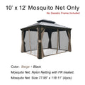 A 10' x 12' mosquito net designed for an outdoor gazebo, shown installed on a sample gazebo frame (frame not included). The netting is beige with black accents. The text indicates that the mosquito net is made of nylon with FR (fire - retardant) treatment, and the size of each net panel is 77.95" x 118.11" with 4 panels in total. 10' x 12' Fire - Retardant Nylon Mosquito Net for Outdoor Gazebo. outdoor gazebo, 10x12 mosquito net, nylon netting, fire - retardant, beige and black net.
