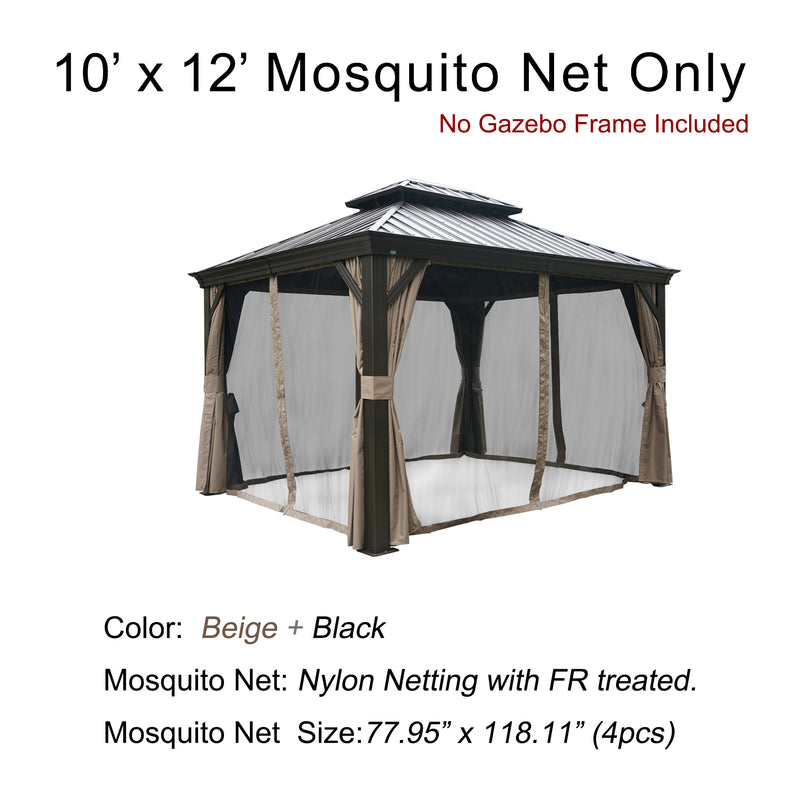 A 10' x 12' mosquito net designed for an outdoor gazebo, shown installed on a sample gazebo frame (frame not included). The netting is beige with black accents. The text indicates that the mosquito net is made of nylon with FR (fire - retardant) treatment, and the size of each net panel is 77.95" x 118.11" with 4 panels in total. 10' x 12' Fire - Retardant Nylon Mosquito Net for Outdoor Gazebo. outdoor gazebo, 10x12 mosquito net, nylon netting, fire - retardant, beige and black net.