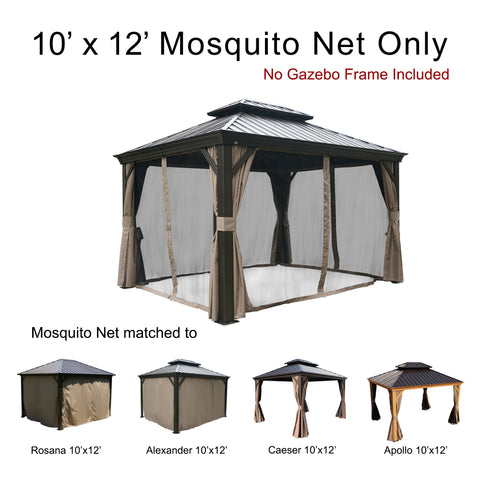 A 10' x 12' mosquito net for an outdoor gazebo is displayed, with the note "No Gazebo Frame Included." The net is installed on a sample gazebo frame with beige - colored curtains tied back. Below the main image, it states that the mosquito net is matched to Rosana 10'x12', Alexander 10'x12', Caesar 10'x12', and Apollo 10'x12' gazebo models, with small images of these gazebos shown. 10' x 12' Universal Mosquito Net for Outdoor Gazebos. outdoor gazebo, 10x12 mosquito net, universal net, mosquito protection,