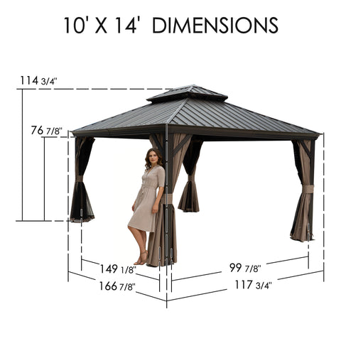 Kozyard 10’x14’ gazebo dimensions diagram outlining the size and layout of this all-metal outdoor structure. This well-proportioned gazebo offers ample space, making it an ideal fit for patio areas, poolside spots, and backyards, perfectly accommodating gatherings and dining setups.

