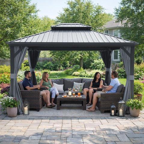 Kozyard Dark Gray Roof Gazebo, built with metal frame and galvanized structure. Ideal for outdoor relaxation and socializing with sofa setups on residential front or backyard lawns.
