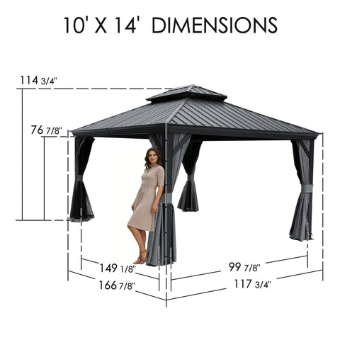 Kozyard 10’x14’ gazebo dimensions diagram outlining the size and layout of this all-metal outdoor structure. This well-proportioned gazebo offers ample space, making it an ideal fit for patio areas, poolside spots, and backyards, perfectly accommodating gatherings and dining setups.
