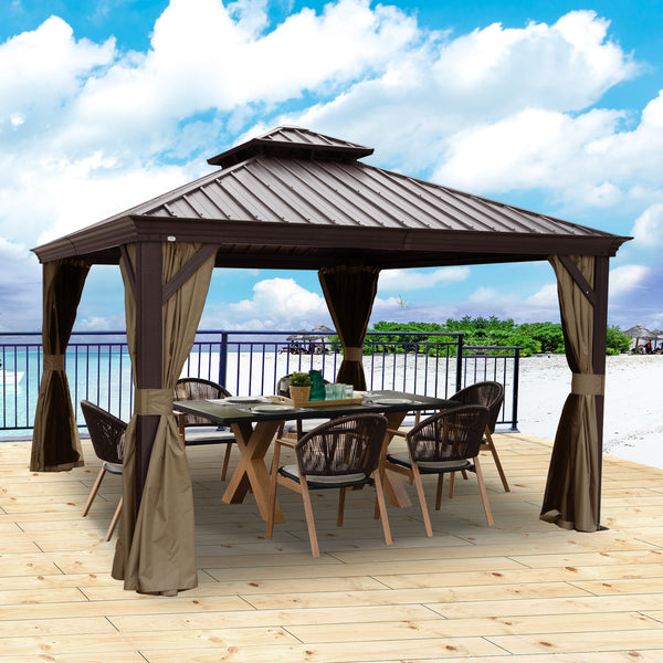 Kozyard Alexander 12' X 12' Hardtop Gazebo, Aluminum Metal Gazebo with Galvanized Steel Double Roof Canopy, Curtain and Netting, Permanent Gazebo Pavilion for Patio, Backyard, Deck, Lawn (Brown)