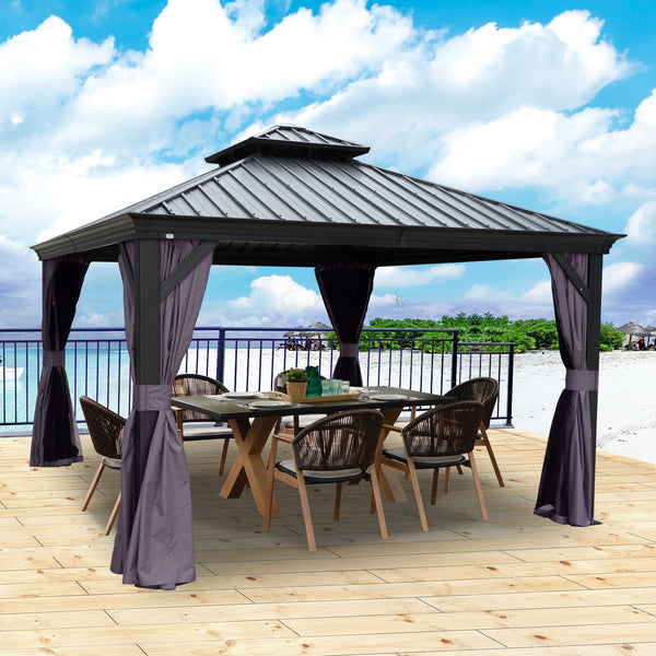 Outdoor metal - roofed gazebo with purple curtains, set up on a wooden deck by the seaside. Stylish gazebo with a dark metal roof and purple drapes, placed on a deck overlooking the ocean. Seaside Gazebo: Stylish Outdoor Retreat with Purple Curtains. Ocean - View Gazebo: Metal - Roofed Shelter with Elegant Purple Drapes.  outdoor gazebo, metal - roofed gazebo, purple curtains, seaside gazebo, wooden deck gazebo, ocean - view outdoor shelter