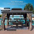 Outdoor gazebo with labeled features like double roof, galvanized ceiling, etc., set by a poolside. A fully - featured gazebo with elements such as lamp hooks and water gutter, shown in an outdoor setting. Fully - Featured Outdoor Gazebo for Relaxing by the Pool.Discover the Features of This Poolside Gazebo. outdoor gazebo, double roof gazebo, galvanized ceiling, lamp hooks, water gutter, metal frame, poolside gazebo
