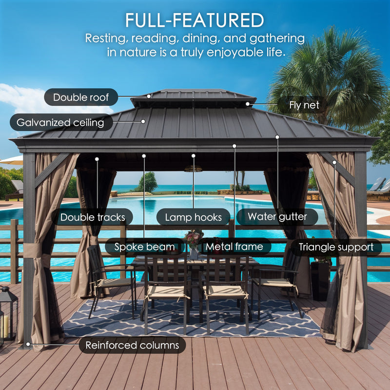 Outdoor gazebo with labeled features like double roof, galvanized ceiling, etc., set by a poolside. A fully - featured gazebo with elements such as lamp hooks and water gutter, shown in an outdoor setting. Fully - Featured Outdoor Gazebo for Relaxing by the Pool.Discover the Features of This Poolside Gazebo. outdoor gazebo, double roof gazebo, galvanized ceiling, lamp hooks, water gutter, metal frame, poolside gazebo
