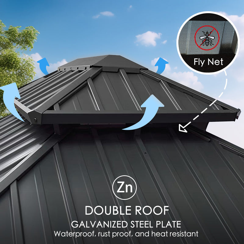 Image showcasing a gazebo's double roof made of galvanized steel plate, highlighting features like a fly net and ventilation, with anti - water, anti - rust, and heat - resistant properties. Close - up view of a gazebo's double - roof structure with galvanized steel, indicating the presence of a fly net and emphasizing its waterproof, rustproof, and heat - resistant qualities.Durable Double Roof of Gazebo: Galvanized Steel with Fly Net. Galvanized Steel Double Roof Gazebo: Waterproof, Rustproof 