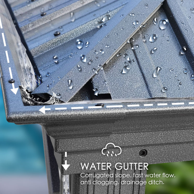 Close - up of a gazebo's water gutter system showing water droplets, with features like corrugated slope, fast water flow, anti - clogging, and drainage ditch. Detailed view of a gazebo's water management system highlighting the water gutter with its efficient water - flowing design. Efficient Water Gutter System of Gazebo: Fast Flow & Anti - Clogging. Gazebo Water Gutter: Corrugated Slope for Effective Drainage. gazebo water gutter, corrugated slope, fast water flow, anti - clogging, drainage ditch, gazebo