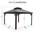 12' x 12' outdoor gazebo with dimensions labeled, including height and base measurements. Dimensions illustration of a 12 - foot by 12 - foot gazebo, showing key structural measurements. 12' X 12' Outdoor Gazebo Dimensions Guide. Get the Measurements: 12x12 Gazebo Specifications.12x12 gazebo, gazebo dimensions, outdoor gazebo measurements, 12 foot by 12 foot gazebo, gazebo size, gazebo height