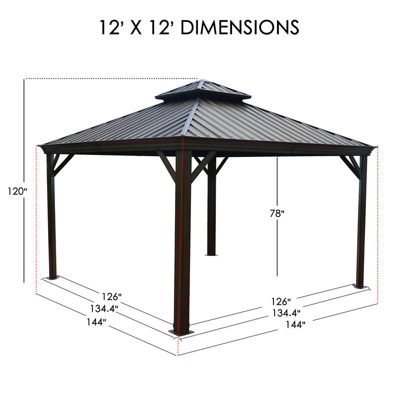 12' x 12' outdoor gazebo with dimensions labeled, including height and base measurements. Dimensions illustration of a 12 - foot by 12 - foot gazebo, showing key structural measurements. 12' X 12' Outdoor Gazebo Dimensions Guide. Get the Measurements: 12x12 Gazebo Specifications.12x12 gazebo, gazebo dimensions, outdoor gazebo measurements, 12 foot by 12 foot gazebo, gazebo size, gazebo height