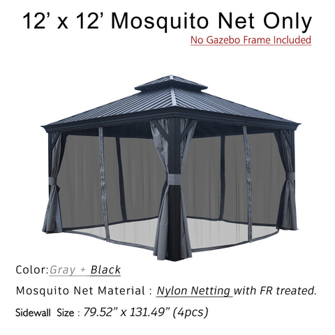 12' x 12' Gray and Black Mosquito Net for Gazebo - Nylon Material with FR Treatment, Frame Not Included. 12x12 Outdoor Mosquito Netting in Gray and Black - Made of FR - Treated Nylon, No Frame. 12' x 12' FR - Treated Nylon Mosquito Net for Gazebo (Frame Not Included). Gray and Black Outdoor Mosquito Netting: 12x12, FR - Treated Nylon. 12x12 mosquito net, gazebo mosquito net, nylon netting, FR - treated netting, Gray and black net, outdoor netting, no frame included