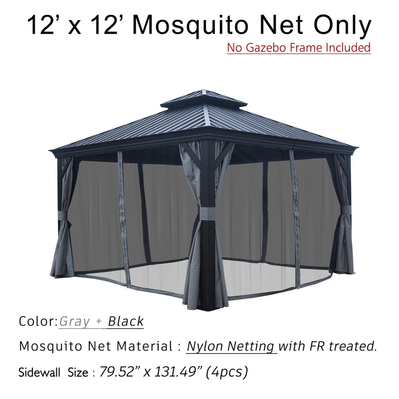 12' x 12' Gray and Black Mosquito Net for Gazebo - Nylon Material with FR Treatment, Frame Not Included. 12x12 Outdoor Mosquito Netting in Gray and Black - Made of FR - Treated Nylon, No Frame. 12' x 12' FR - Treated Nylon Mosquito Net for Gazebo (Frame Not Included). Gray and Black Outdoor Mosquito Netting: 12x12, FR - Treated Nylon. 12x12 mosquito net, gazebo mosquito net, nylon netting, FR - treated netting, Gray and black net, outdoor netting, no frame included