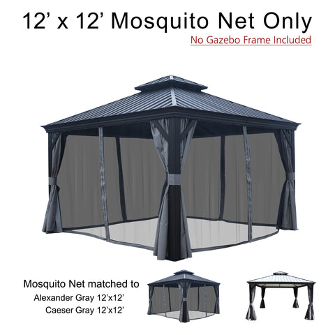 12x12 Mosquito Net designed for Alexander and Caesar Gazebos, frame not included. Nylon mosquito netting for 12' x 12' Alexander and Caesar gazebos, separate from frame. 12x12 Mosquito Net for Alexander & Caesar Gazebos (Frame Not Included). Compatible Mosquito Netting for 12' x 12' Alexander and Caesar Gazebos. 12x12 mosquito net, Alexander gazebo net, Caesar gazebo net, outdoor mosquito net, nylon netting, gazebo accessory, no frame included.
