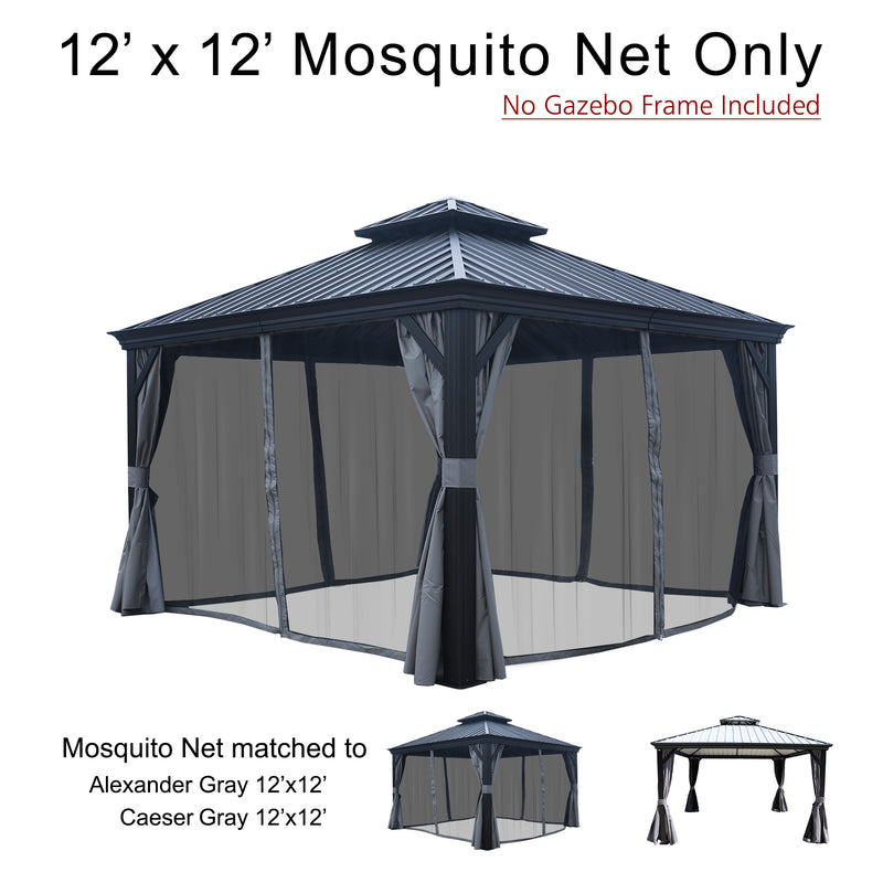 12x12 Mosquito Net designed for Alexander and Caesar Gazebos, frame not included. Nylon mosquito netting for 12' x 12' Alexander and Caesar gazebos, separate from frame. 12x12 Mosquito Net for Alexander & Caesar Gazebos (Frame Not Included). Compatible Mosquito Netting for 12' x 12' Alexander and Caesar Gazebos. 12x12 mosquito net, Alexander gazebo net, Caesar gazebo net, outdoor mosquito net, nylon netting, gazebo accessory, no frame included.